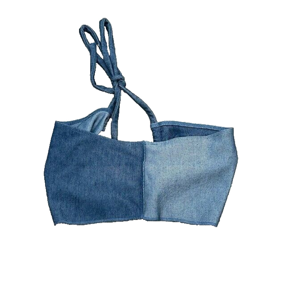 Naked Wardrobe The X Denim Halter‎ Crop Top Two-Tone Stretch Keyhole Blue Small